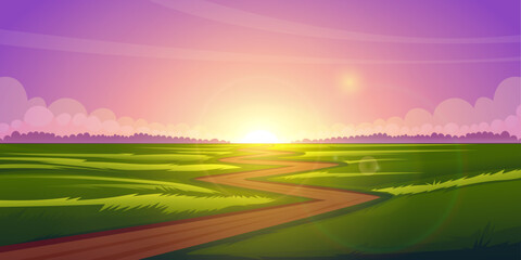 Obraz premium Sunset Over a Field cartoon illustration. Cartoon nature landscape beautiful sunset at green field, vector