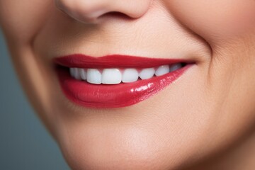 Obraz premium Smile of beautiful middle aged mature woman with perfect white teeth close-up. Dental care concept, professional cleaning, whitening. Dentistry, beautiful smile