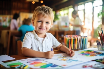 Cute child todler boy draws with colored pencils at the table in the children's room, in kindergarten, in developmental classes, art school. Happy kid doing creativity - obrazy, fototapety, plakaty