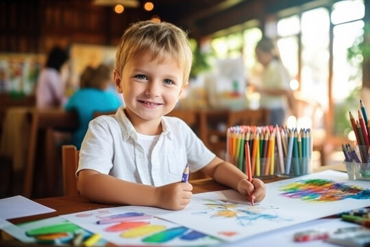 Cute child todler boy draws with colored pencils at the table in the children's room, in kindergarten, in developmental classes, art school. Happy kid doing creativity