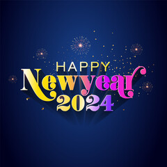 Wishing card design for New year 2024. 3D text Happy Newyear 2024 with fireworks and sky.