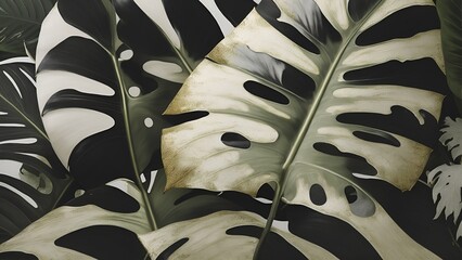 Monstera leaves, oil painting, simple, abstract, textured, shaded, grey, green, and white tropical foliage with accents of gold