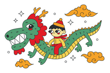 Vector cartoon cute chinese dragon zodiac fly with boy chinese new year