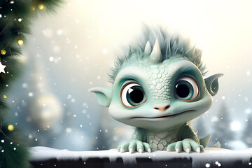 Baby green dragon on New year background.