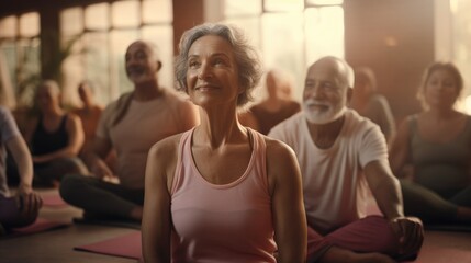A group of active elderly people perform yoga together indoors, to improve their physical condition and well - being, and to socialize with each other, active aging concept