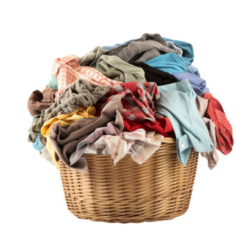 Basket overflowing with dirty laundry isolated on transparent background. AI generated.