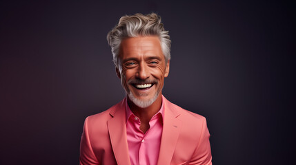 Obraz premium Happy elderly fashion model with grey full hair, mature and happy smiling man in colorful close-up portrait | Generative AI