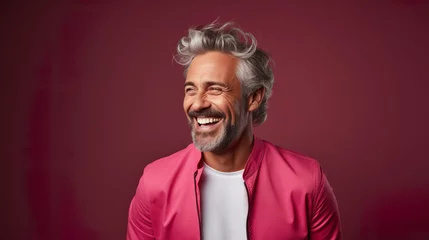 Foto op Plexiglas Happy elderly fashion model with grey full hair, mature and happy smiling man in colorful close-up portrait   Generative AI © DigitalDreamscape