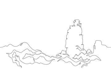 Fototapeta na wymiar Mountain house. Lonely house on a cliff. Residential building against the background of mountains. Mountain landscape. One continuous line drawing. Linear. Hand drawn, white background. One line.