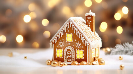 Gingerbread house, concept holiday of Christmas and Happy new year. Defocused lights