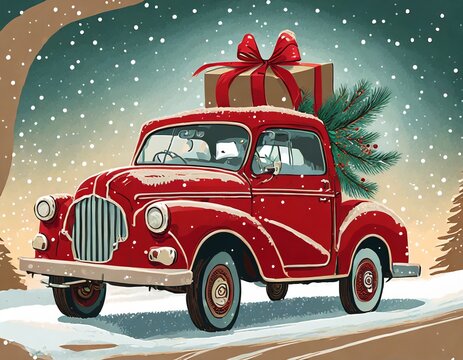 Christmas de camioneta pick up retro de color rojo, llevando un regalo en el techo, con paisaje nevado y abetos