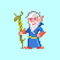 8bit colorful simple vector pixel art illustration of cartoon greybeard elf mage druid with branch of staff