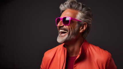 Happy elderly fashion model with grey full hair, mature and happy smiling man in colorful close-up portrait | Generative AI