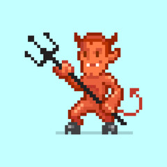 Obraz premium 8bit colorful simple vector pixel art illustration of cartoon red horned devil with trident