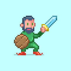 Obraz premium 8bit colorful simple vector pixel art illustration of cartoon hero with sword and wooden shield