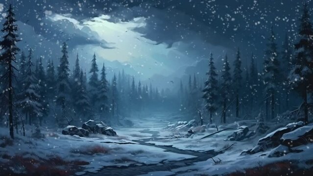 Mysterious forest during winter and rainy season, snow covers the trees in the forest. Seamless looping video animation background. Generated with AI