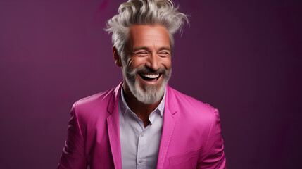 Obraz premium Happy elderly fashion model with grey full hair, mature and happy smiling man in colorful close-up portrait