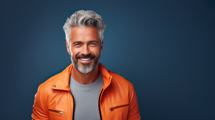 Happy elderly fashion model with grey full hair, mature and happy smiling man in colorful close-up portrait | Generative AI - obrazy, fototapety, plakaty