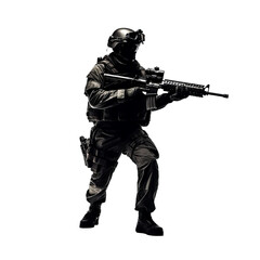Black silhouette of soldier with gun isolated on transparent background. AI generated.