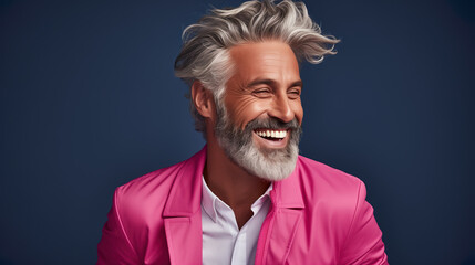 Happy elderly fashion model with grey full hair, mature and happy smiling man in colorful close-up portrait | Generative AI
