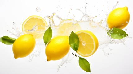 Photo of yellow lemons wet with water splashes on a completely white background