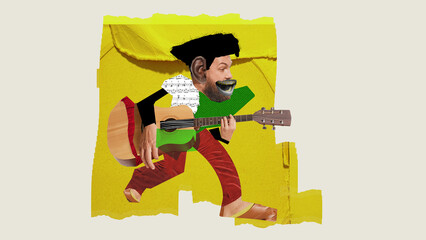 Creative design with young man playing guitar, making performance over colorful background....
