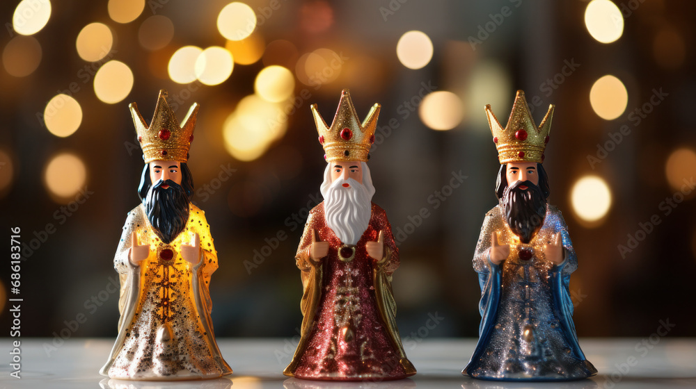 Poster Happy Epiiphany day. Three wise man on white background of defocused golden lights. - Posters