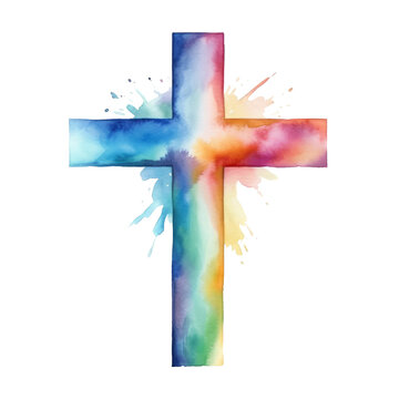 Watercolor christian cross isolated on transparent background. AI generated.