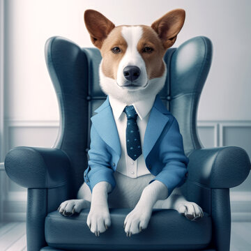 Cute dog in a suit sitting in a leather armchair. an anthropomorphic animal. Generative ai