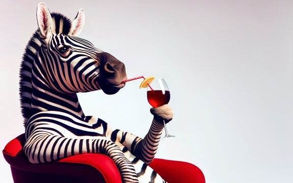 Quirky Zebra Sips Wine: A Playful Illustration of Striped Relaxation.