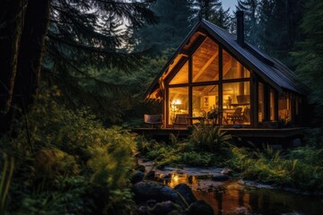 Cozy cabin illuminated at dusk surrounded by forest. Tranquil nature retreat.
