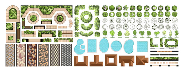 Landscape elements for master plans. Various trees, furniture, houses, pools, bushes, and tiles. Top view for the architectural plan. Vector illustration. - obrazy, fototapety, plakaty