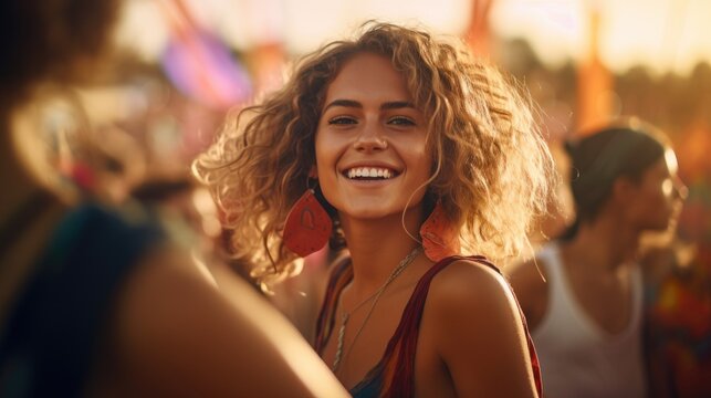 A free spirit happy woman at a music event, fair, amusement park or festival. shallow depth of field