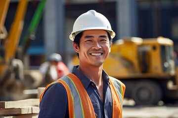 Smiling men bricklayer in work clothes on a construction site. Mason at work. Job. Asian bricklayer construction company. AI