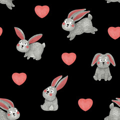 Rabbits and hearts seamless pattern. Hand drawn textured gray bunnies and pink hearts isolated on black background