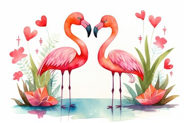 watercolor style illustration, two flamingos bird neck form heart shape in pond garden, generative Ai