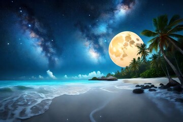 closeup and 3D view, Beautiful fantasy tropical beach with Milky Way star in night skies, full moon