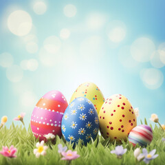 Fototapeta na wymiar A vibrant Easter card with colorful eggs nestled in grass under a blue sky.