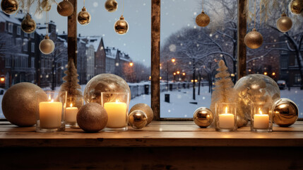Empty table with Christmas decoration and winter window in background