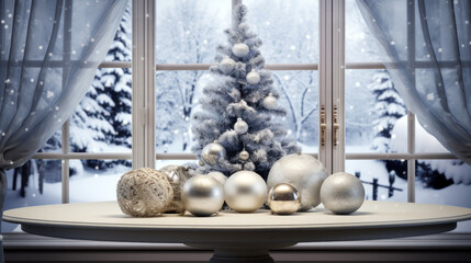 Empty table with Christmas decoration and winter window in background