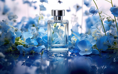 Bottle of perfume with flowers. - obrazy, fototapety, plakaty