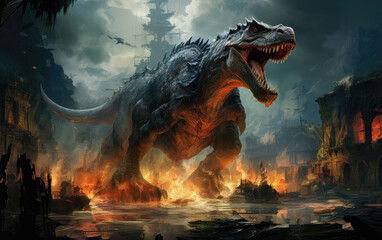 Tyrannosaurus rex dinosaur attack the city.