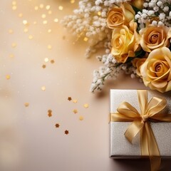 top view blank empty space , Christmas and happy New year golden theme decoration element at the corner, bokeh light and flower bouquet and gift box for image background, Ai generated