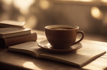 A peaceful scene of a cup of coffee and an open book on a table, bathed in warm morning sunlight. Perfect for a cozy break or a quiet moment of reflection.Created with generative AI