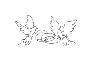 Hand drawn one line vector.Wedding day. Wedding rings and flying pigeons vector one continuous  line art. Illustration with quote template. Can used for logo, banner, booklet, flyer, brochure