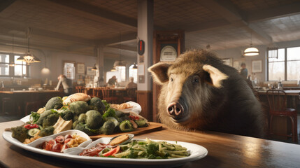 Giant pig in fast food restaurant looking at enormous food plate - obrazy, fototapety, plakaty