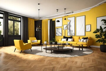  a living room, dining room with white walls,  hardwood flooring  with , glittery yellow and black  background, light mode