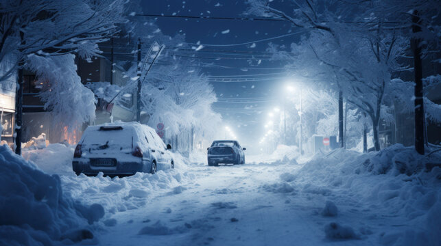 Heavy snowfall in residential area, evening