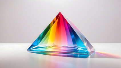 A prism refracting light into a spectrum of vivid colors against a pristine white surface, showcasing the beauty of light dispersion. - obrazy, fototapety, plakaty