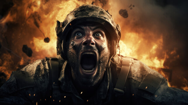 Yelling terrified soldier during shelling, post-traumatic stress disorder concept